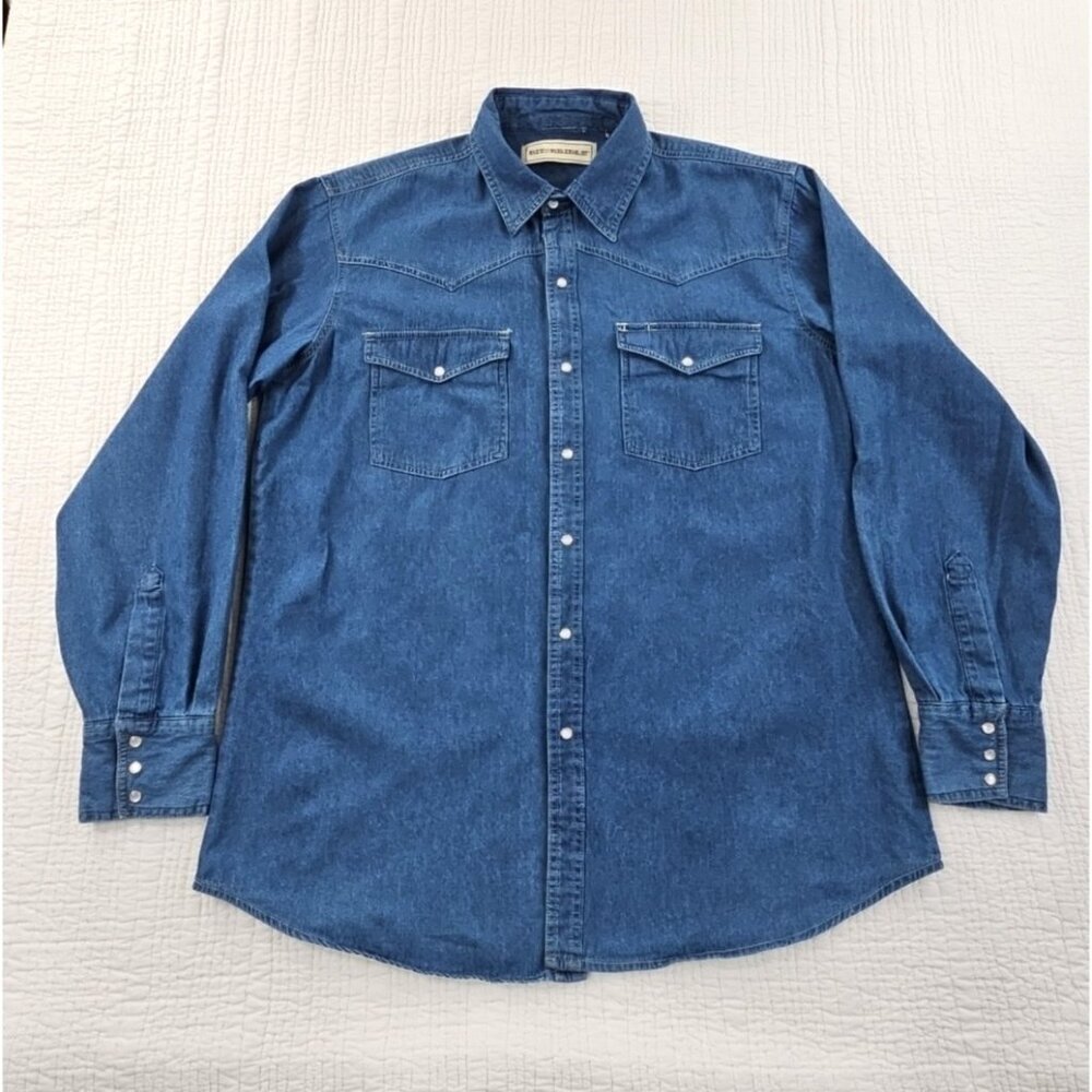 Bit & Bridle Denim Shirt‎ Men's XL Blue Pearl Snap Buttons EUC LN Long Sleeve